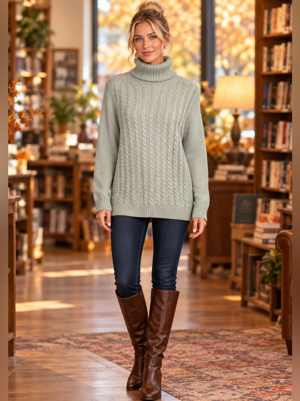 Croft & Barrow Sage Green Cable Knit Turtleneck Sweater M